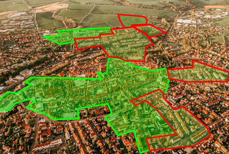 Übersicht bestehender Fernwärmenetze in Heilbad Heiligenstadt (grün) und einer möglichen Erweiterung (rot)